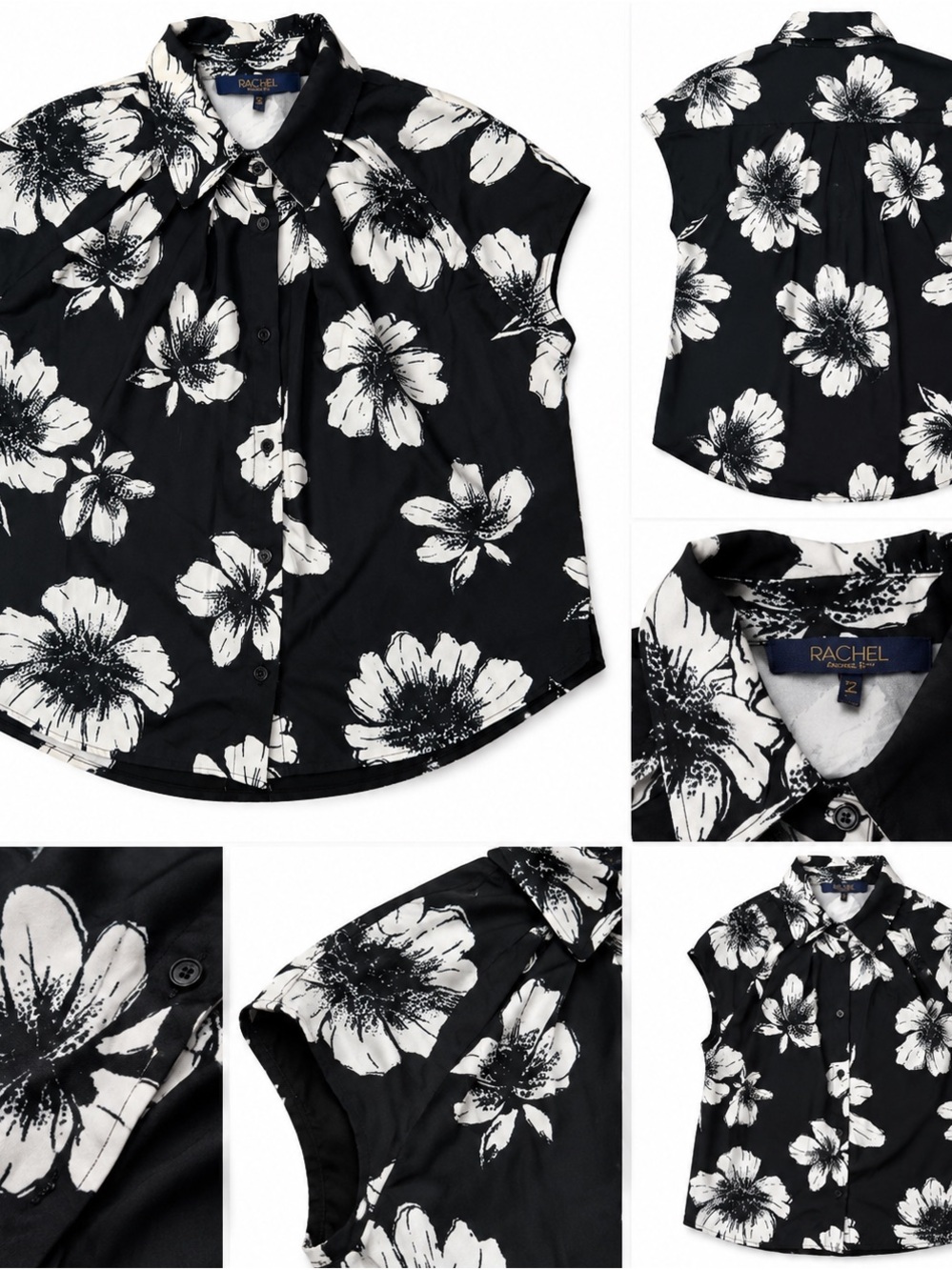 RACHEL Rachel Roy Black and White Floral Cap-Sleeve Blouse